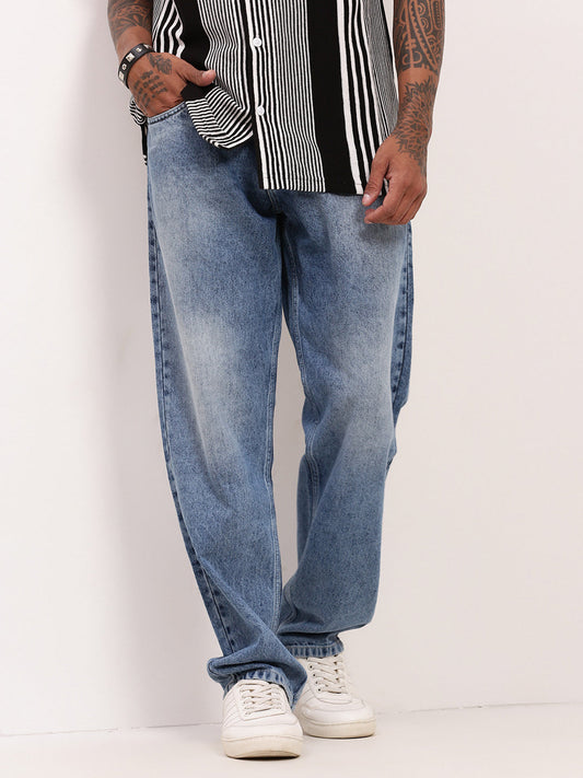 Men's Blue Solid Straight Fit Heavy Fade Jeans