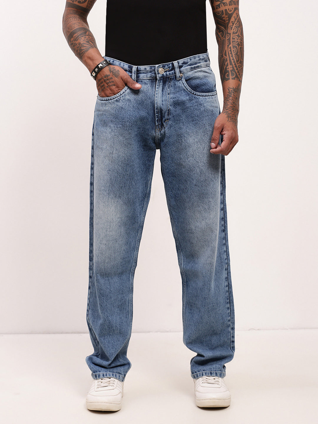 Men's Blue Solid Straight Fit Heavy Fade Jeans