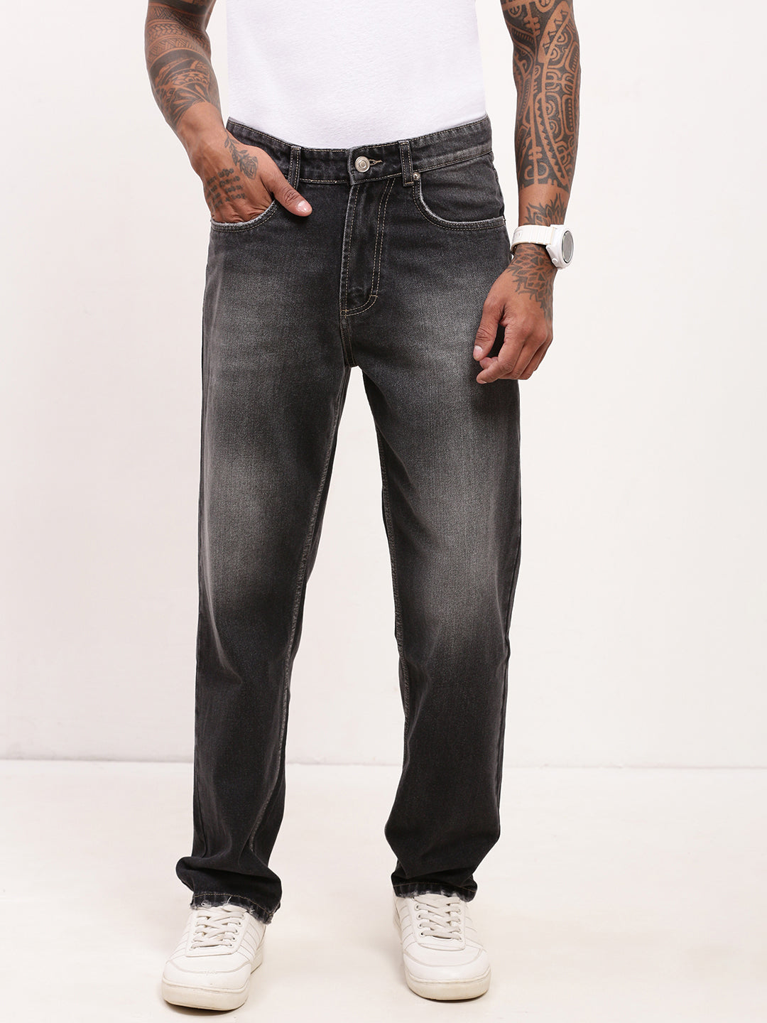 Men's Grey Solid Straight Fit Acid Wash Jeans