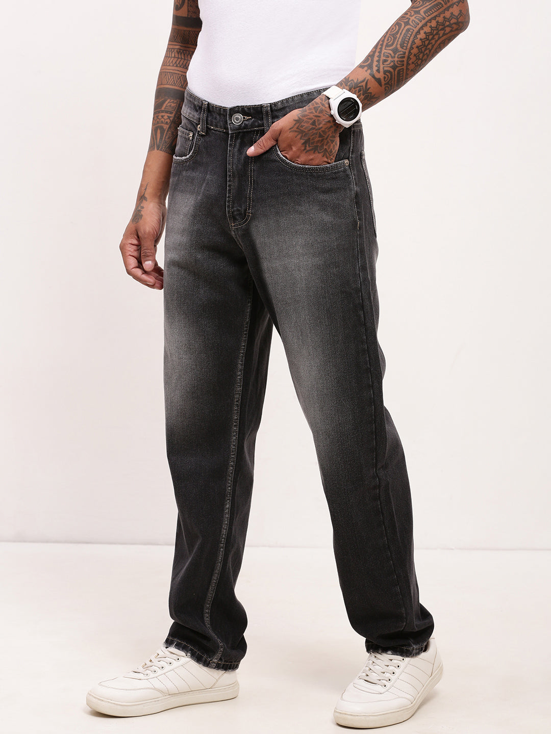 Men's Grey Solid Straight Fit Acid Wash Jeans
