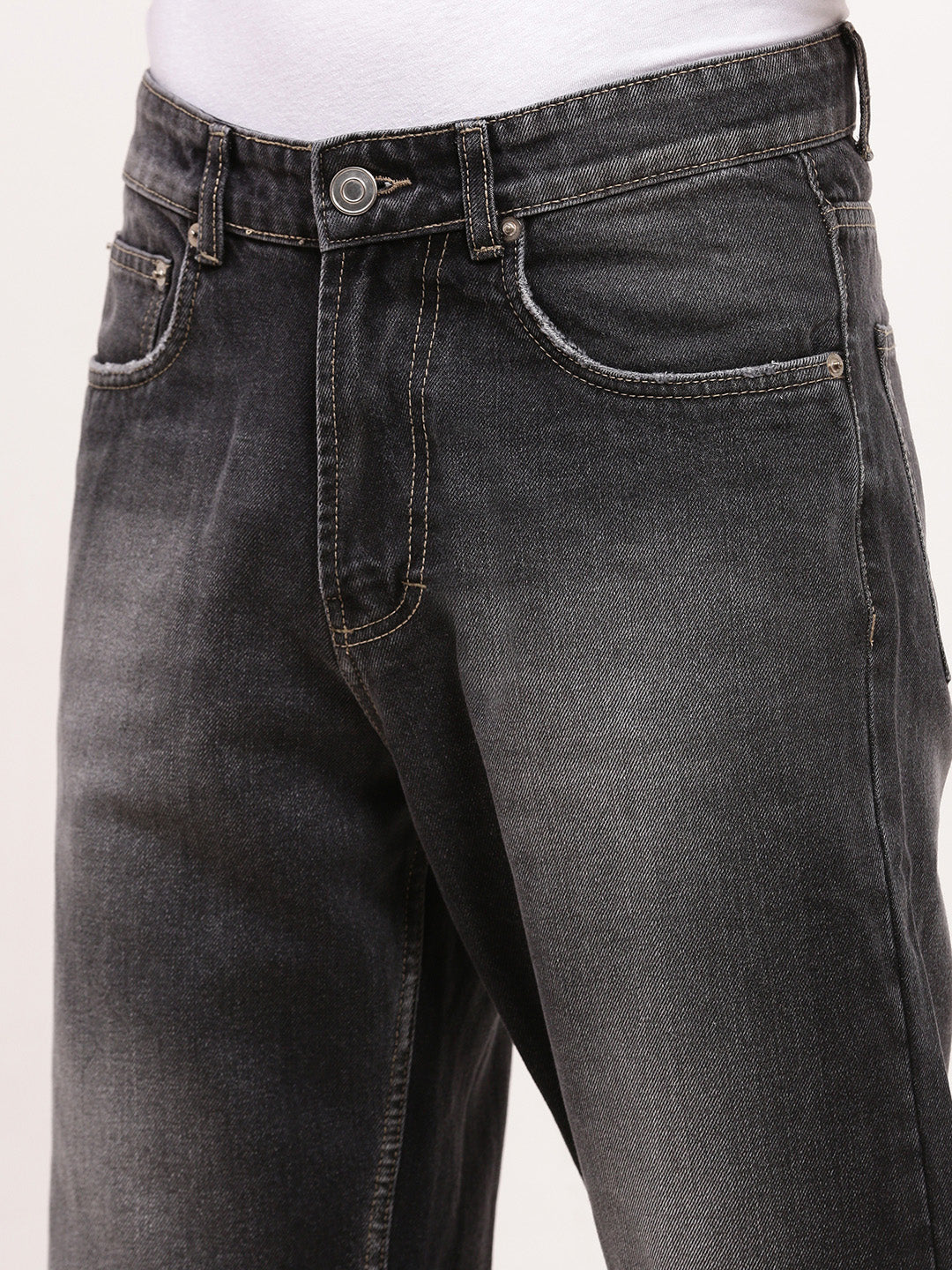 Men's Grey Solid Straight Fit Acid Wash Jeans