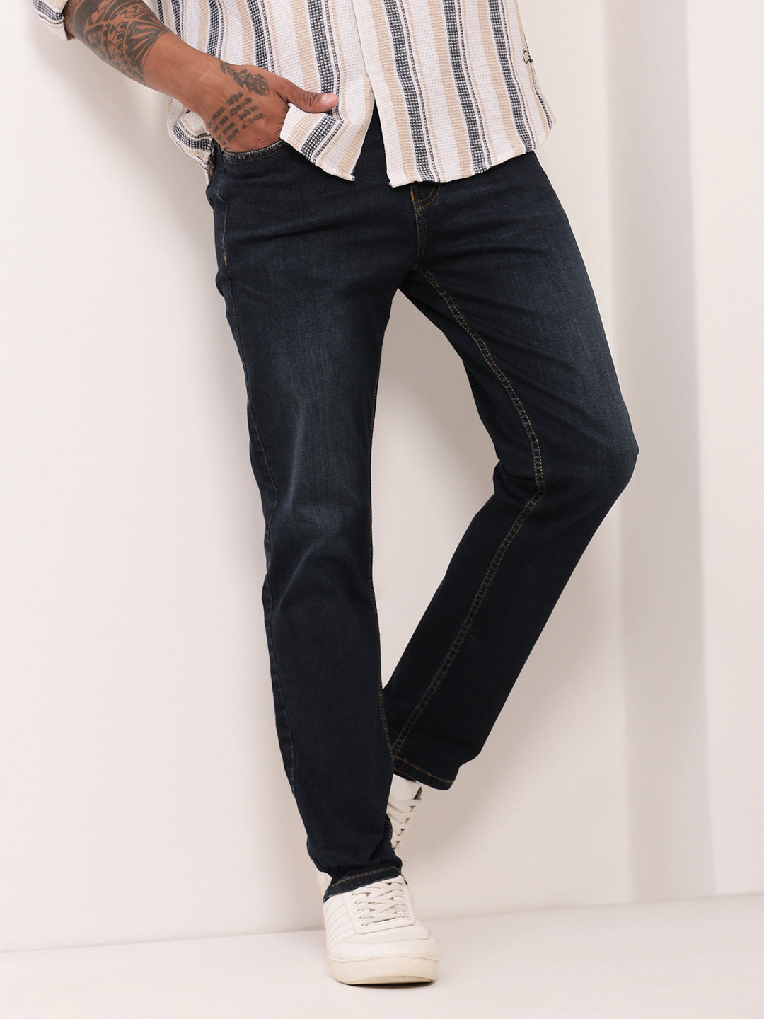 Men's Navy Blue Comfort Straight Fit Low-Rise Acid Wash Jeans