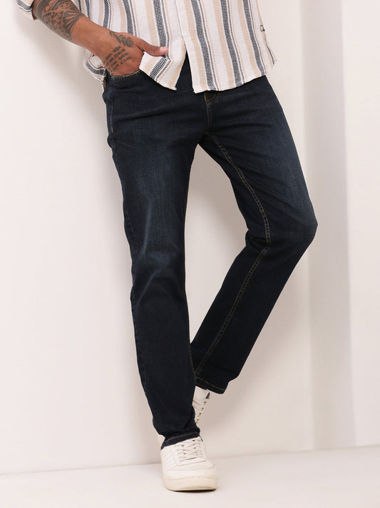 Men's Navy Blue Comfort Straight Fit Low-Rise Acid Wash Jeans
