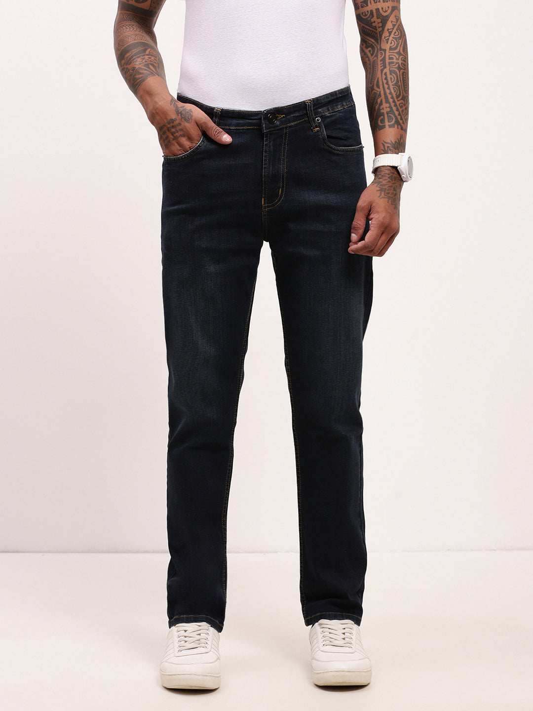 Men's Navy Blue Comfort Straight Fit Low-Rise Acid Wash Jeans