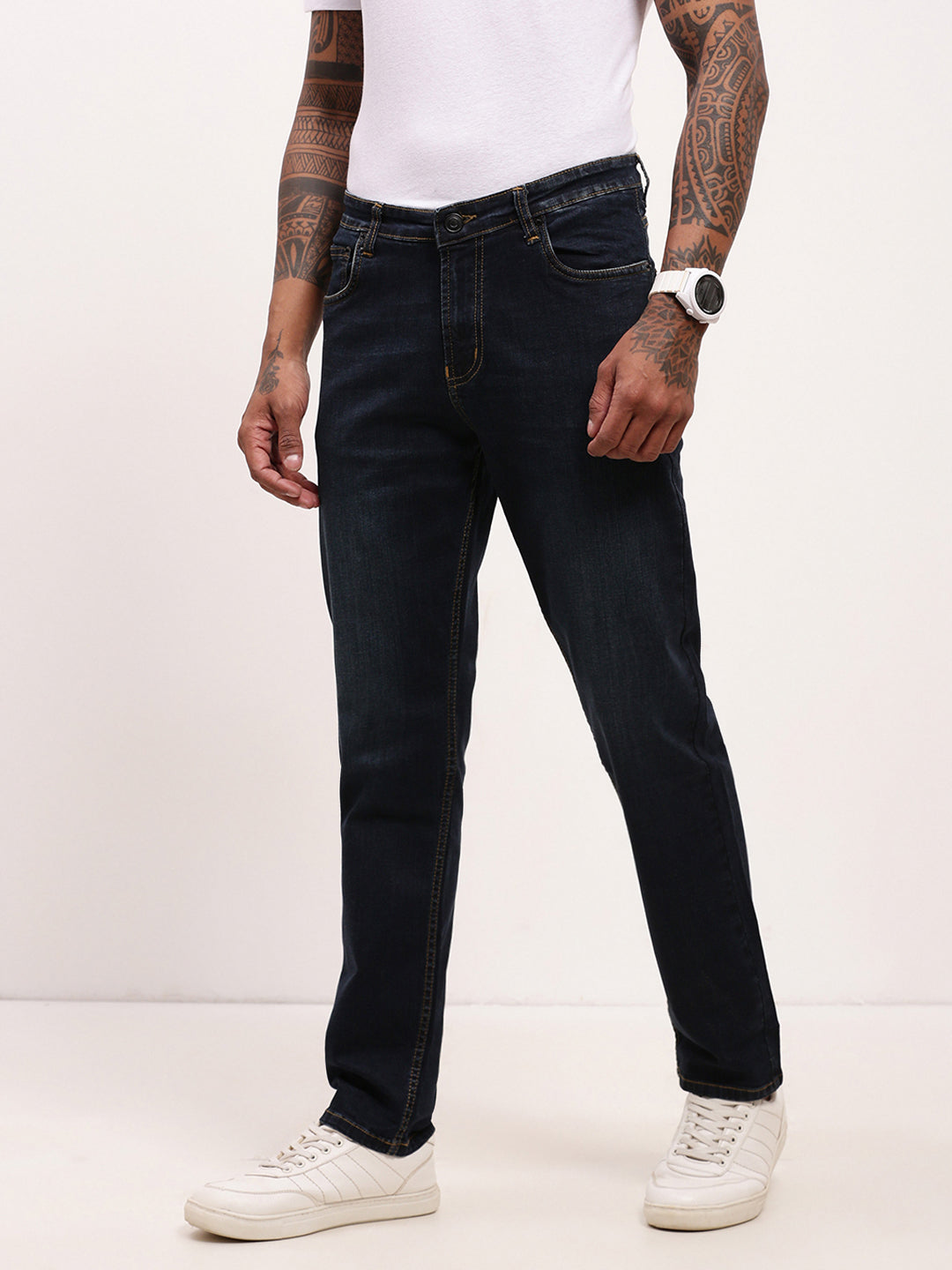 Men's Navy Blue Comfort Straight Fit Low-Rise Acid Wash Jeans