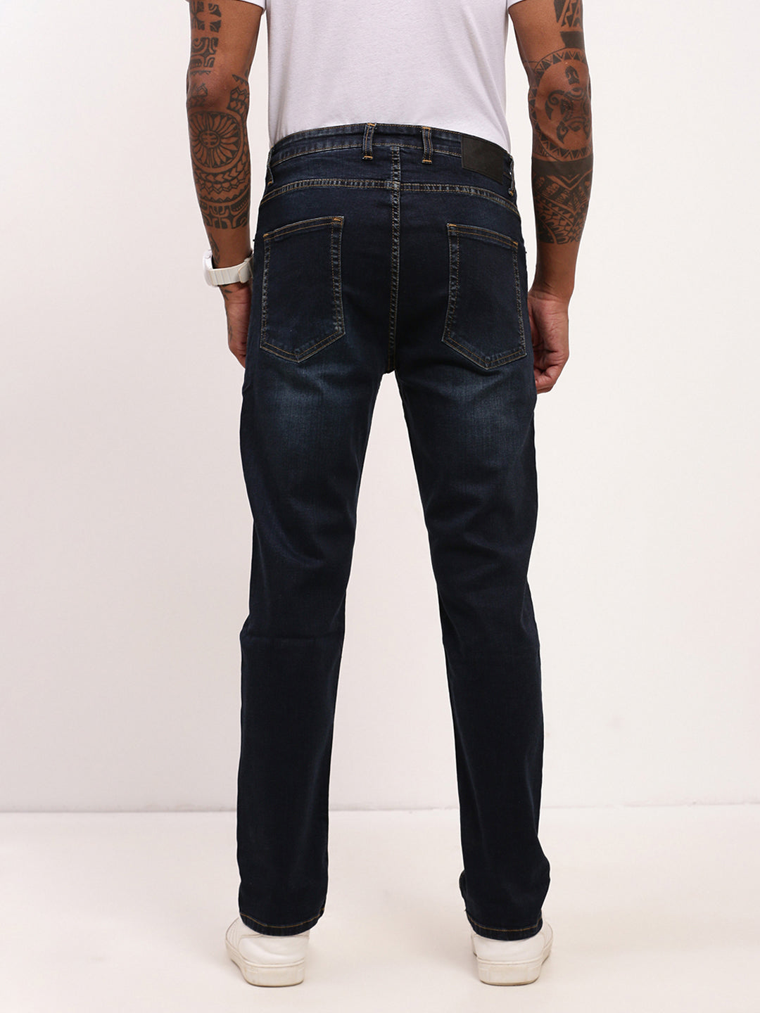 Men's Navy Blue Comfort Straight Fit Low-Rise Acid Wash Jeans