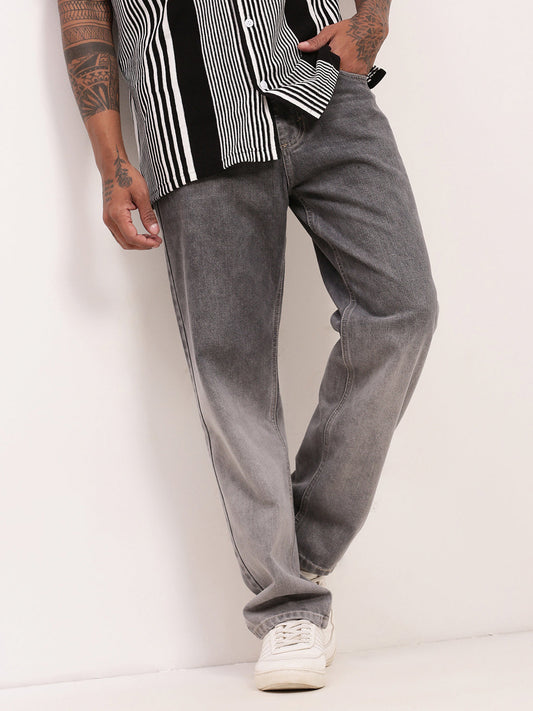 Men's Grey Comfort Straight Fit Low-Rise Light Fade Acid Wash Jeans
