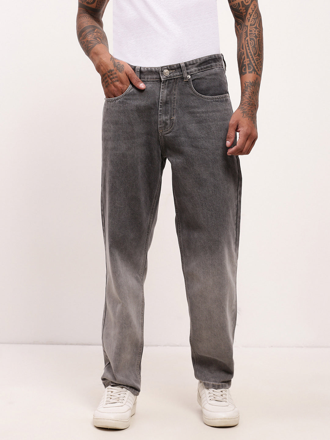 Men's Grey Comfort Straight Fit Low-Rise Light Fade Acid Wash Jeans