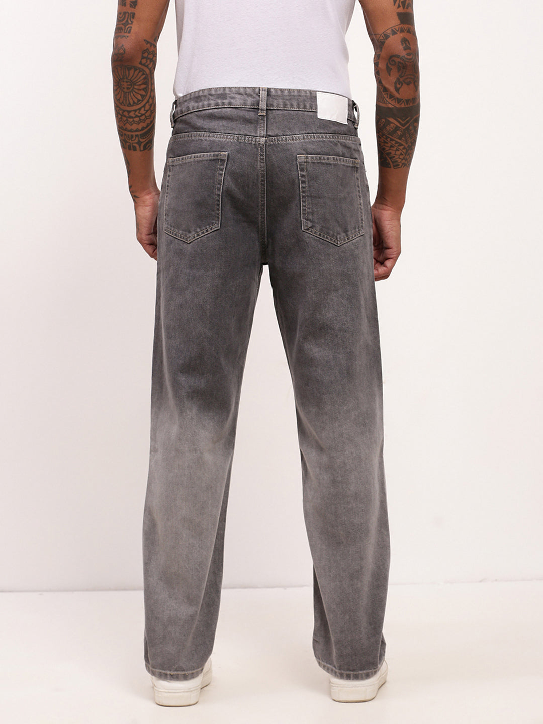 Men's Grey Comfort Straight Fit Low-Rise Light Fade Acid Wash Jeans