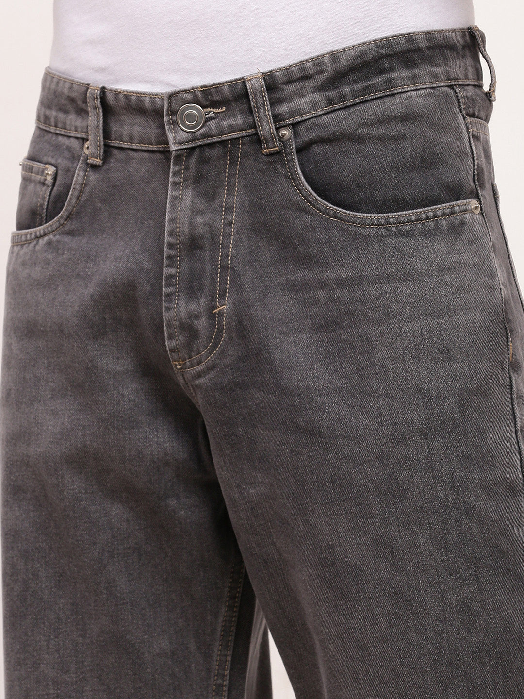 Men's Grey Comfort Straight Fit Low-Rise Light Fade Acid Wash Jeans