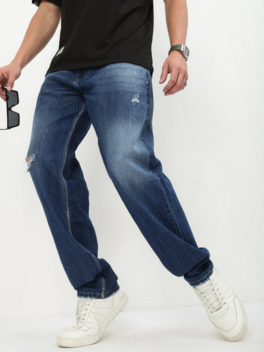 Men's Blue Solid Straight Fit Jeans