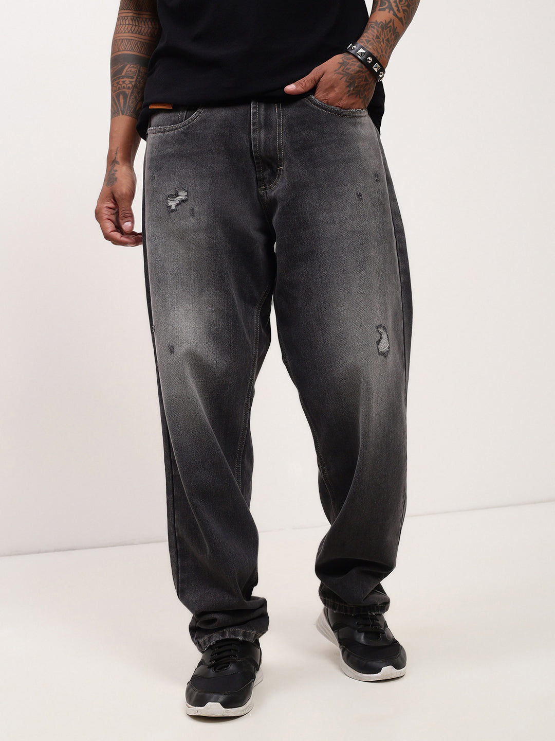 Men's Grey Solid Baggy Jeans