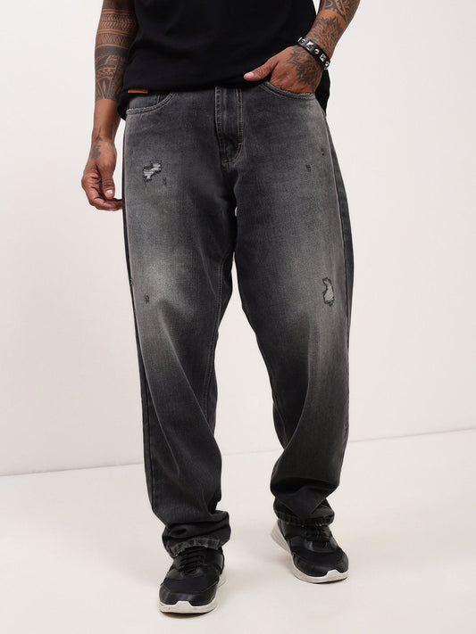 Men's Grey Solid Baggy Jeans