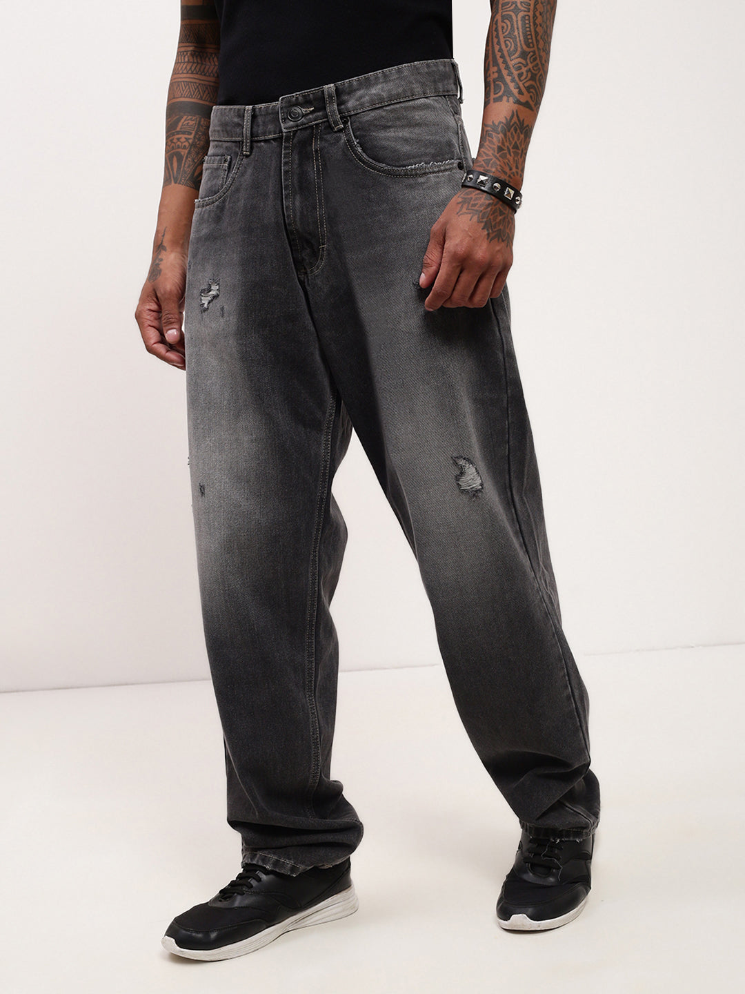 Men's Grey Solid Baggy Jeans