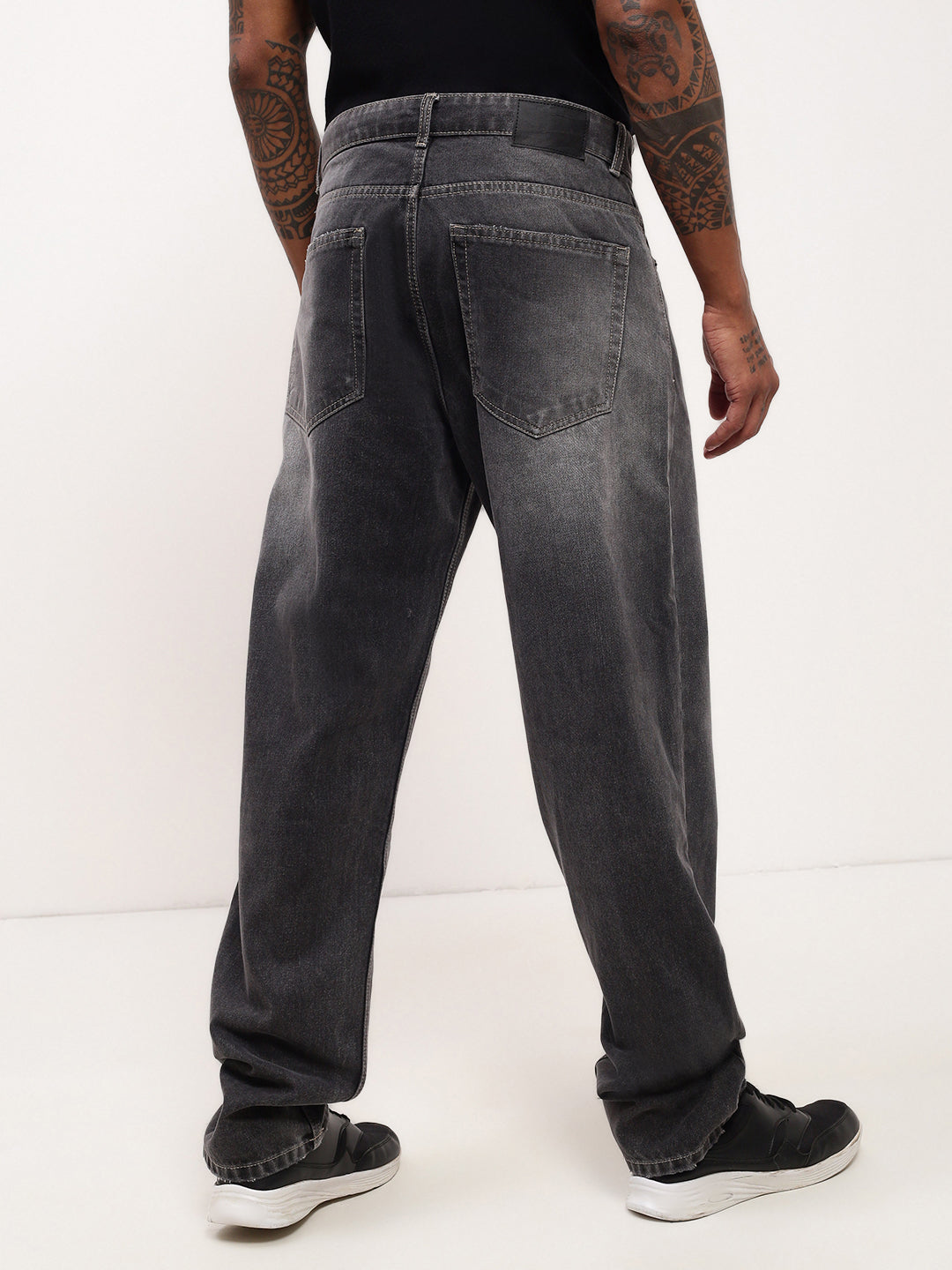 Men's Grey Solid Baggy Jeans