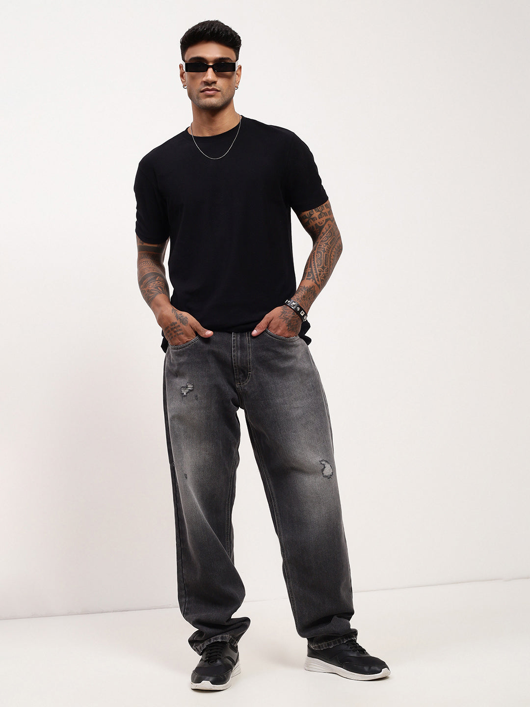 Men's Grey Solid Baggy Jeans