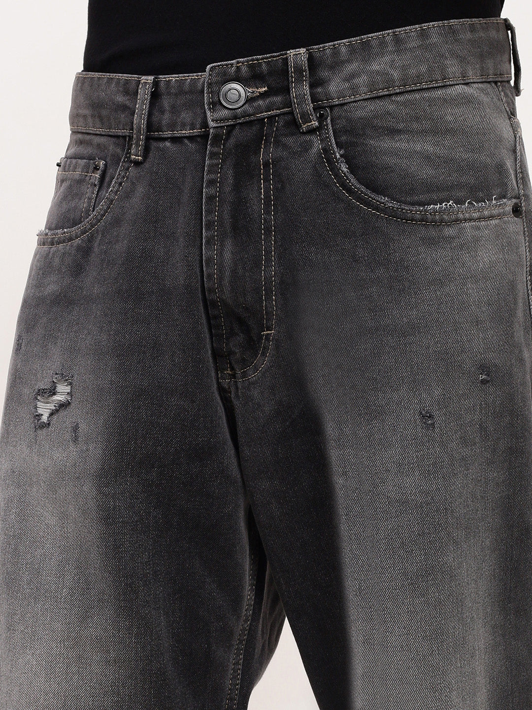 Men's Grey Solid Baggy Jeans