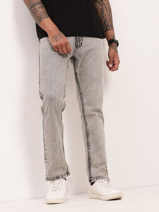 Men's Grey Solid Straight Fit Low-Rise Heavy Fade Jeans