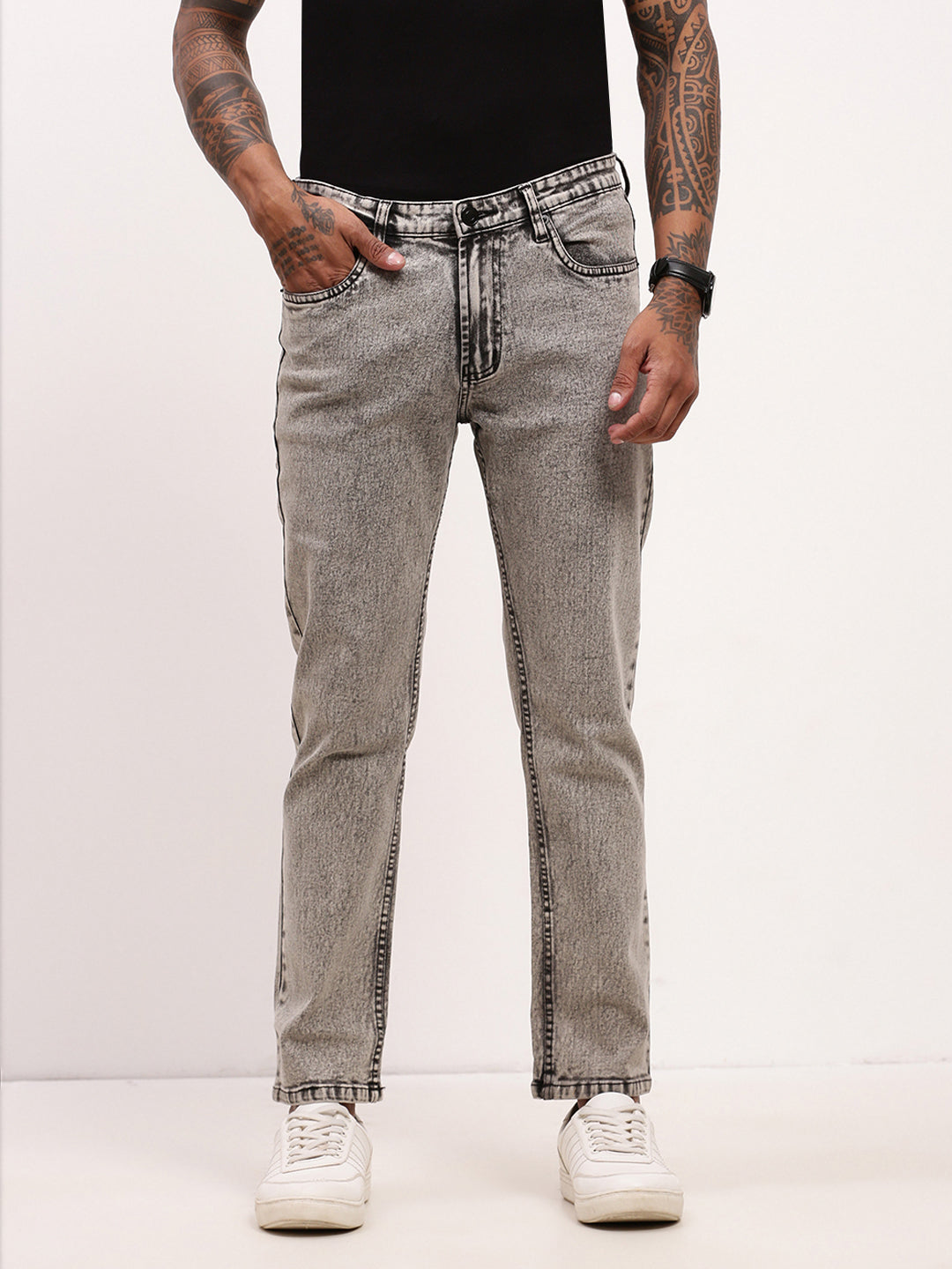 Men's Grey Solid Straight Fit Low-Rise Heavy Fade Jeans