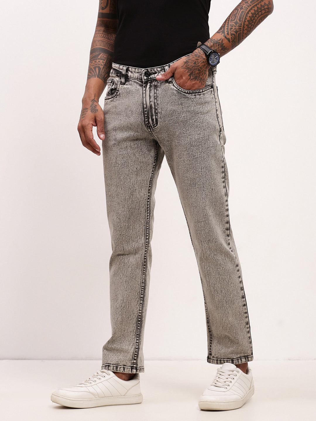 Men's Grey Solid Straight Fit Low-Rise Heavy Fade Jeans