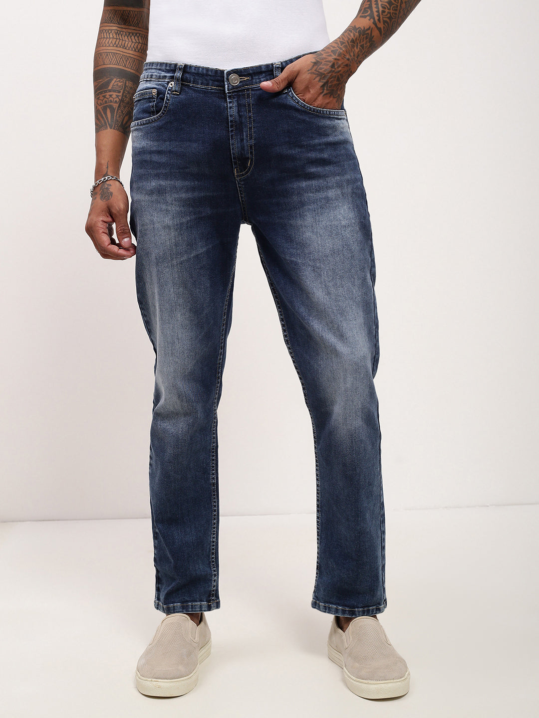 Men's Blue Solid Straight Fit Jeans