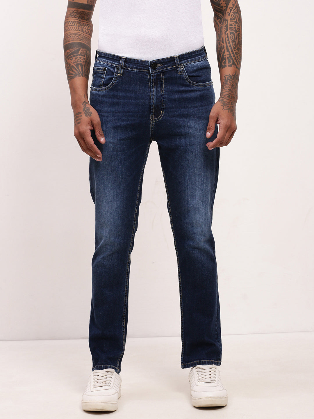 Men's Navy Blue Comfort Straight Fit Low-Rise Light Fade Acid Wash Jeans