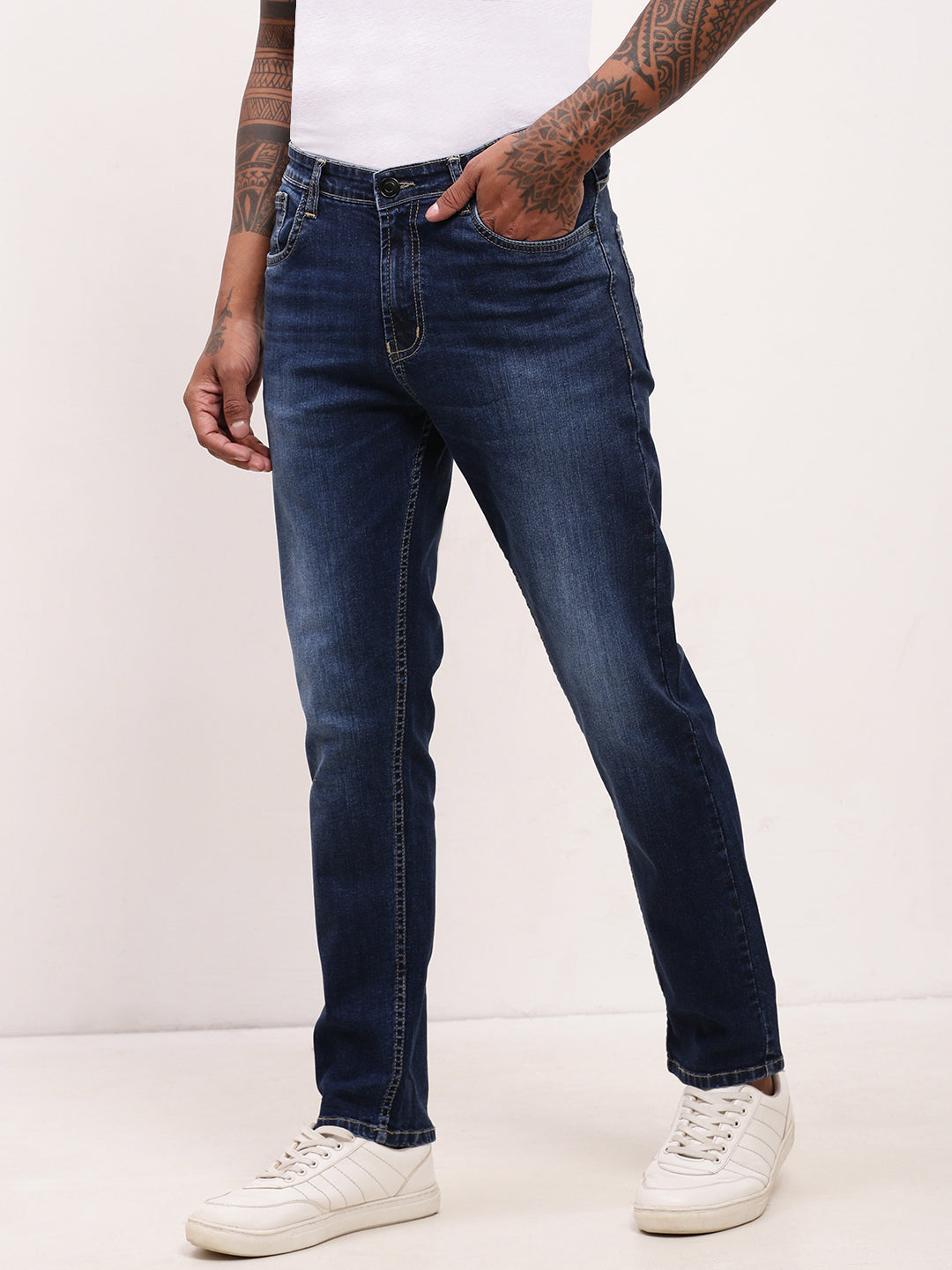 Men's Navy Blue Comfort Straight Fit Low-Rise Light Fade Acid Wash Jeans
