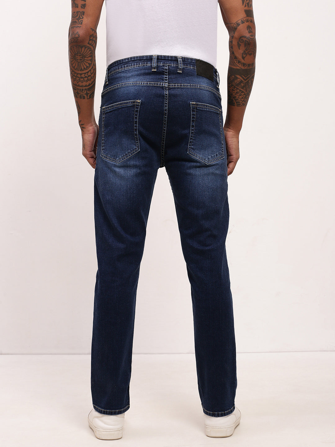 Men's Navy Blue Comfort Straight Fit Low-Rise Light Fade Acid Wash Jeans