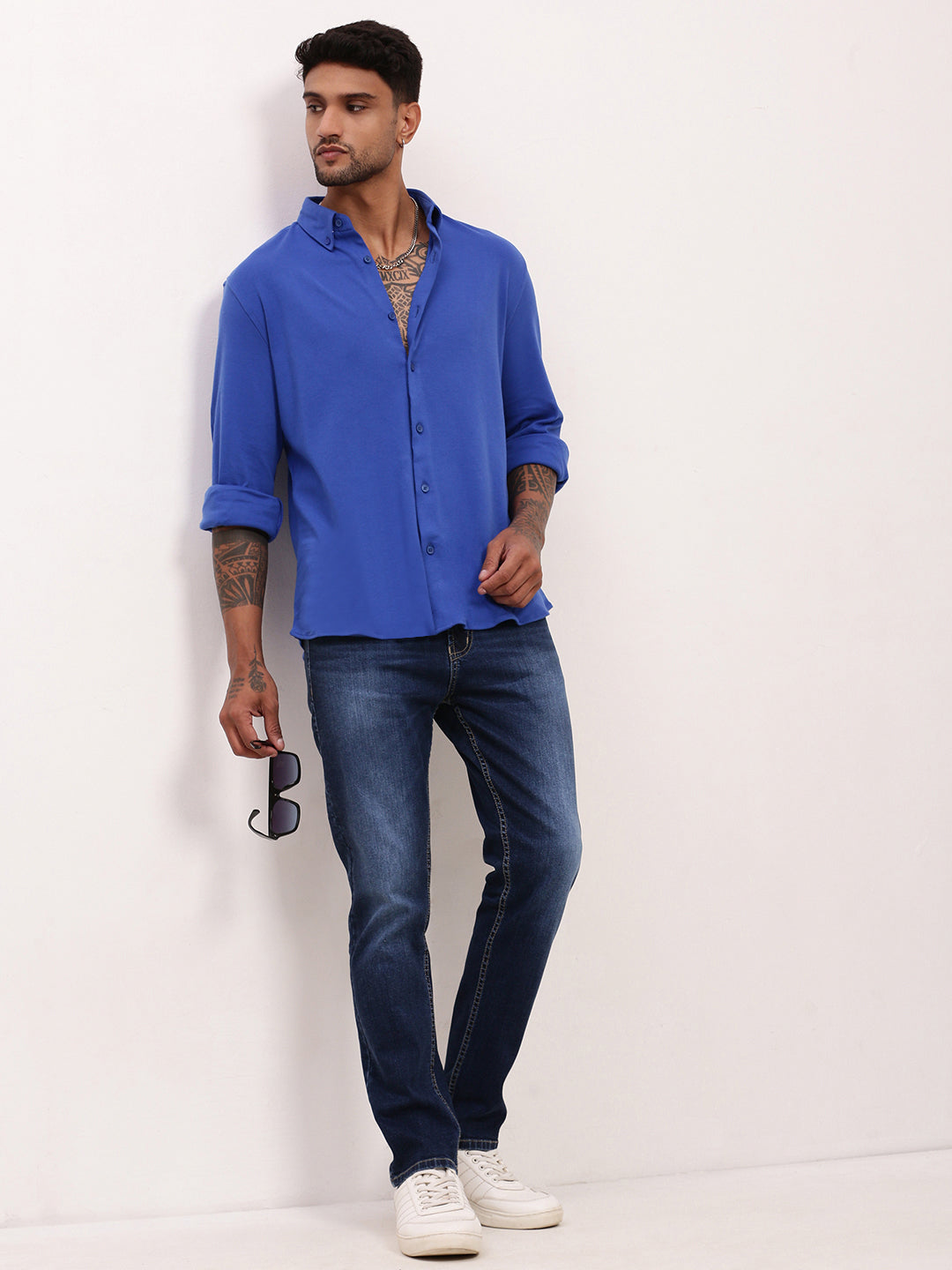 Men's Navy Blue Comfort Straight Fit Low-Rise Light Fade Acid Wash Jeans