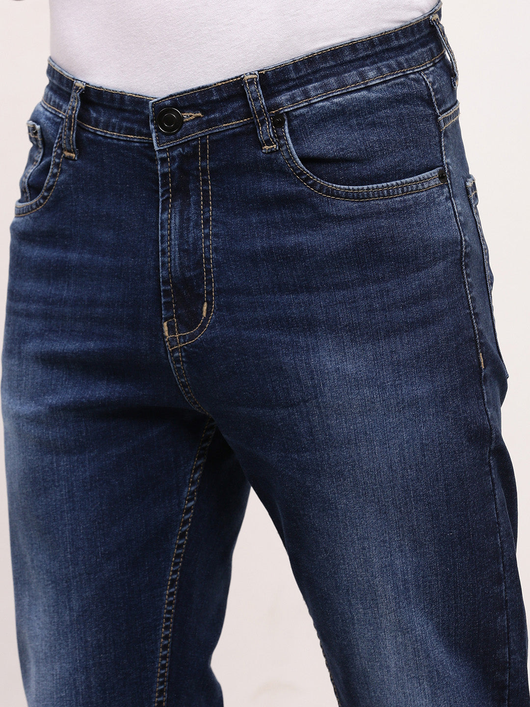 Men's Navy Blue Comfort Straight Fit Low-Rise Light Fade Acid Wash Jeans