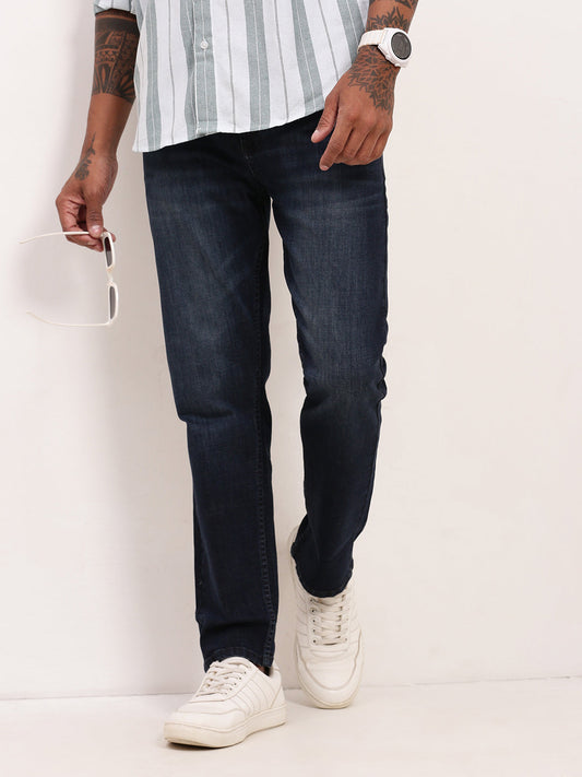 Men's Navy Blue Comfort Straight Fit Mid-Rise Light Fade Acid Wash Cotton Jeans