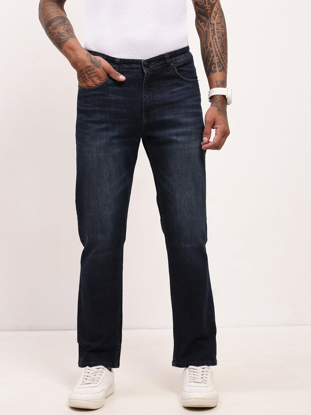 Men's Navy Blue Comfort Straight Fit Mid-Rise Light Fade Acid Wash Cotton Jeans