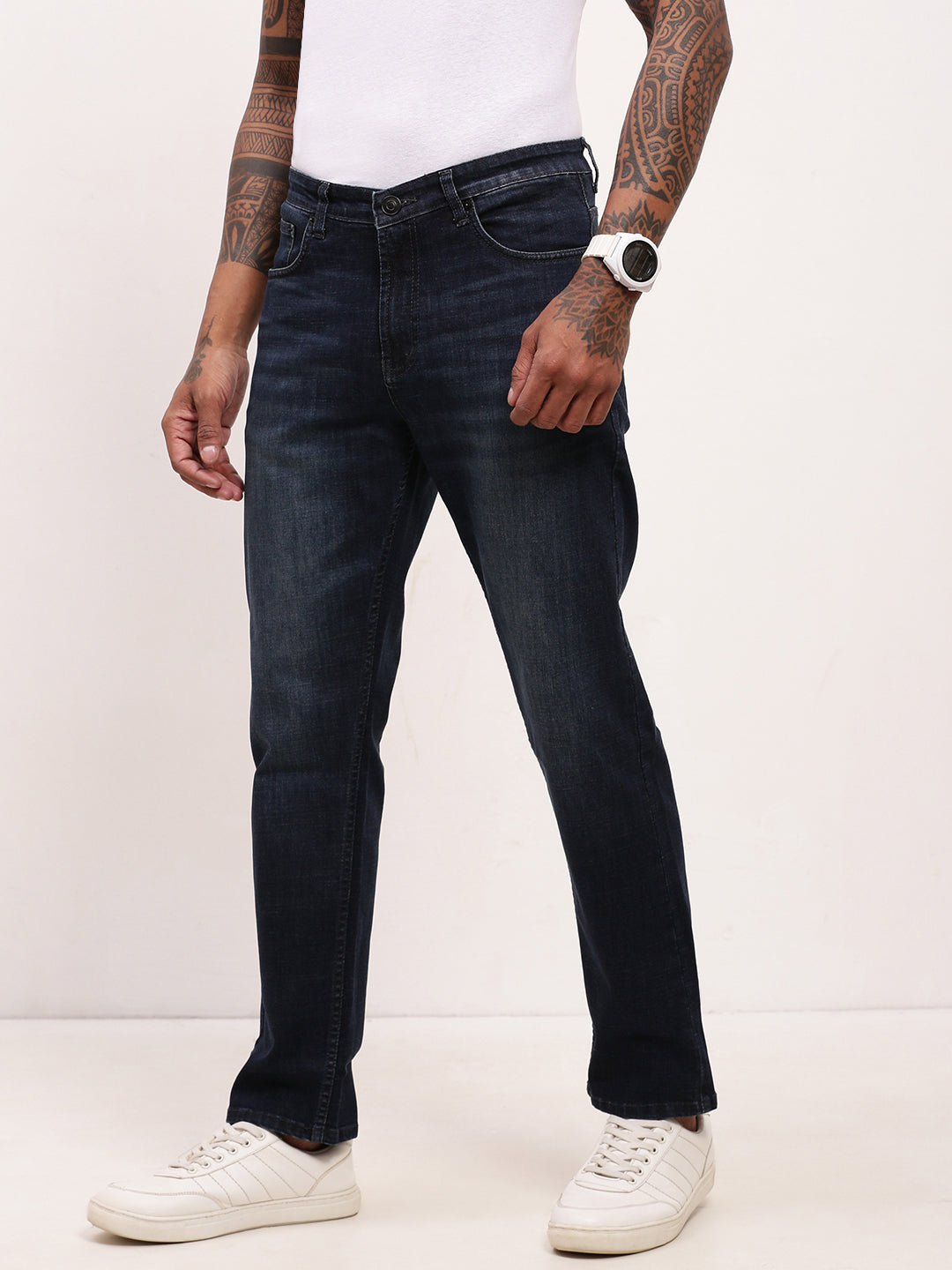 Men's Navy Blue Comfort Straight Fit Mid-Rise Light Fade Acid Wash Cotton Jeans