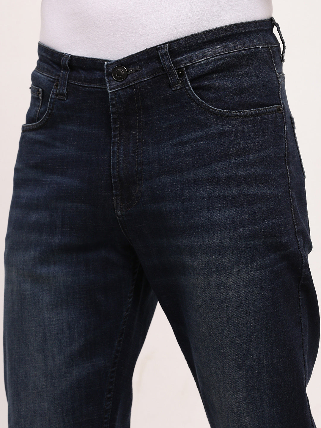Men's Navy Blue Comfort Straight Fit Mid-Rise Light Fade Acid Wash Cotton Jeans