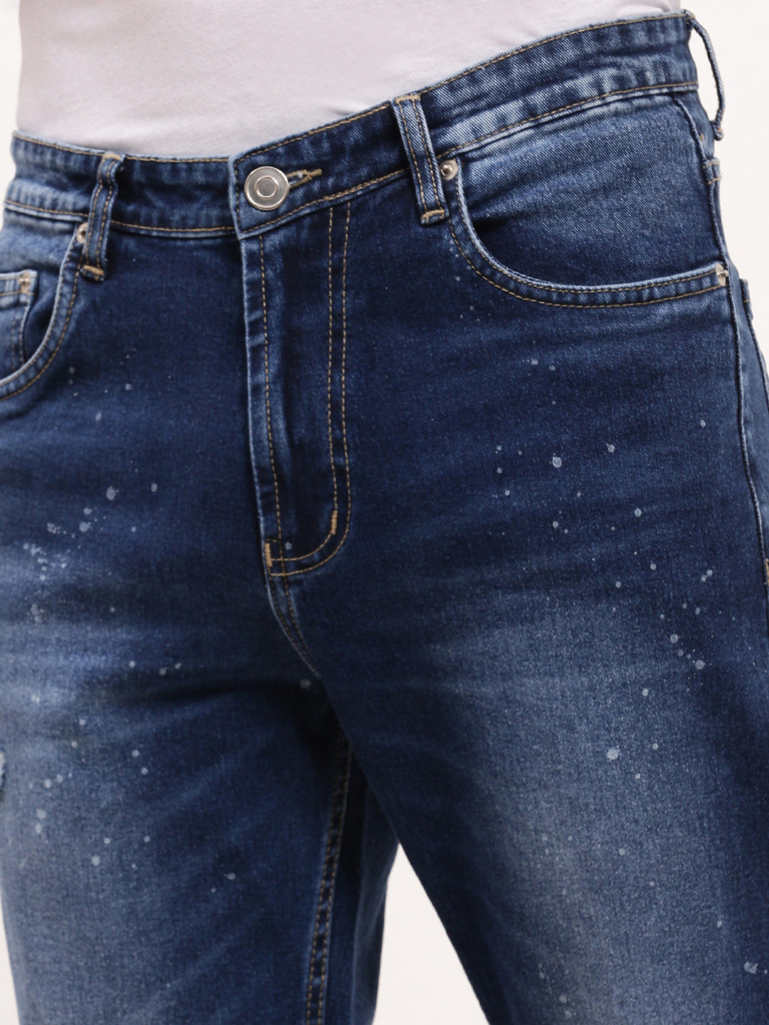 Men's Blue Solid Comfort Straight Fit Mildly Distressed Jeans
