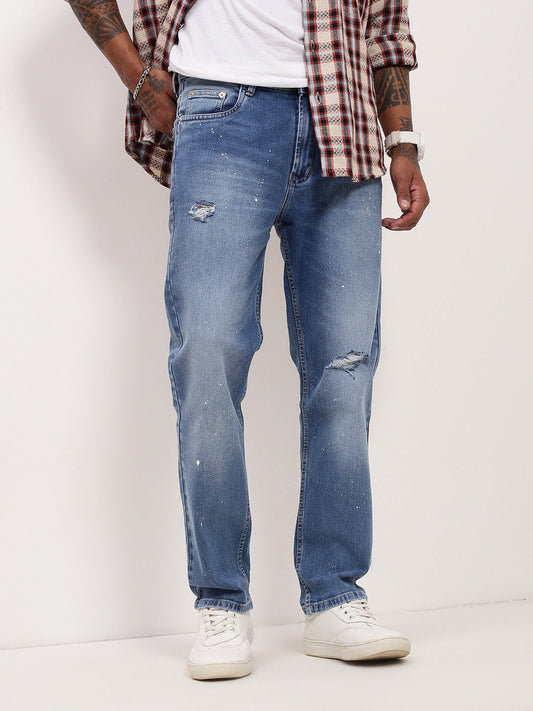 Men's Blue Solid Straight Fit Low Distress Heavy Fade Acid Wash Jeans