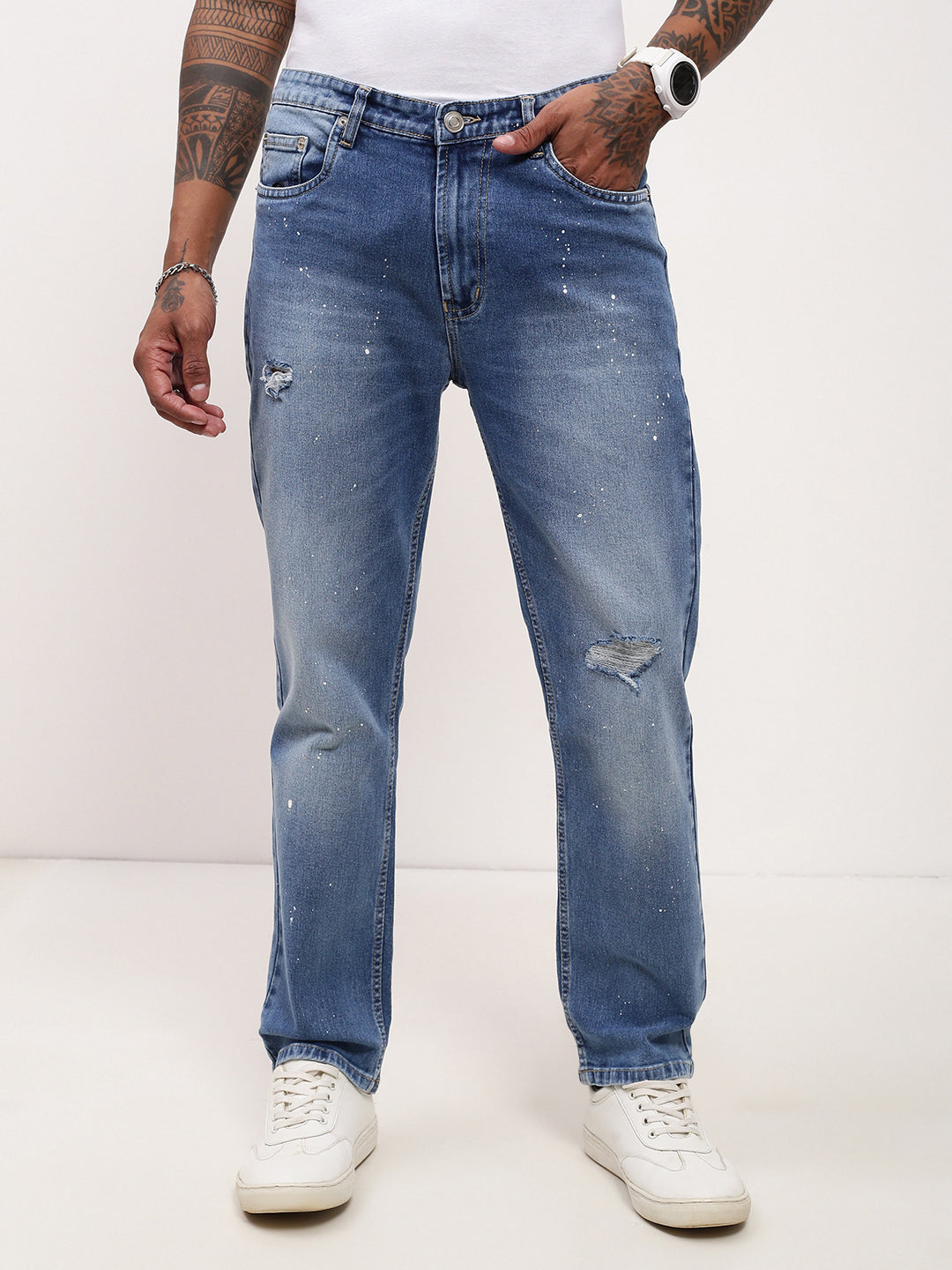 Men's Blue Solid Straight Fit Low Distress Heavy Fade Acid Wash Jeans