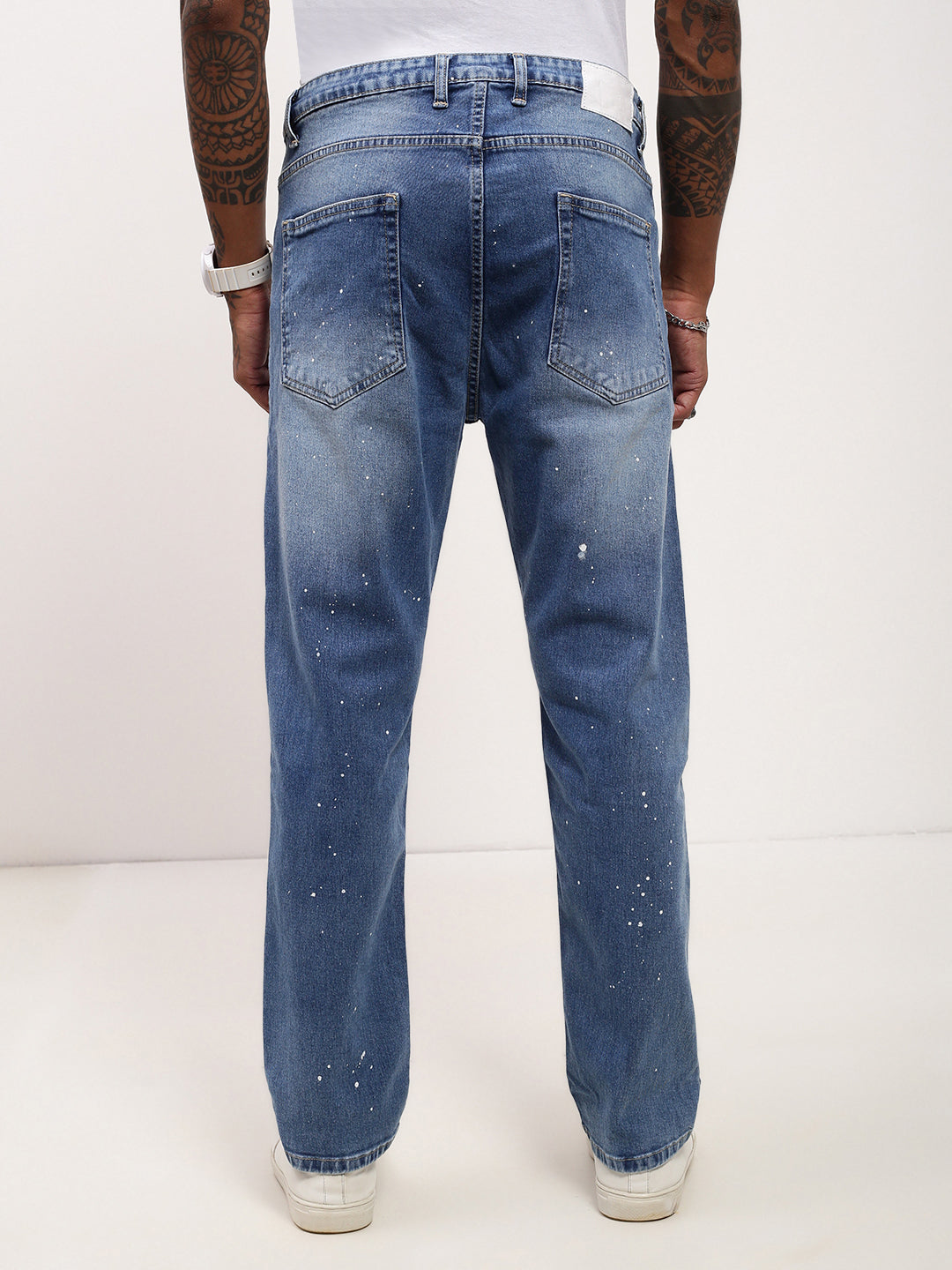 Men's Blue Solid Straight Fit Low Distress Heavy Fade Acid Wash Jeans