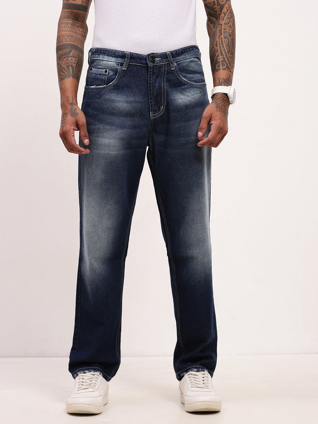 Men's Blue Solid Straight Fit Jeans