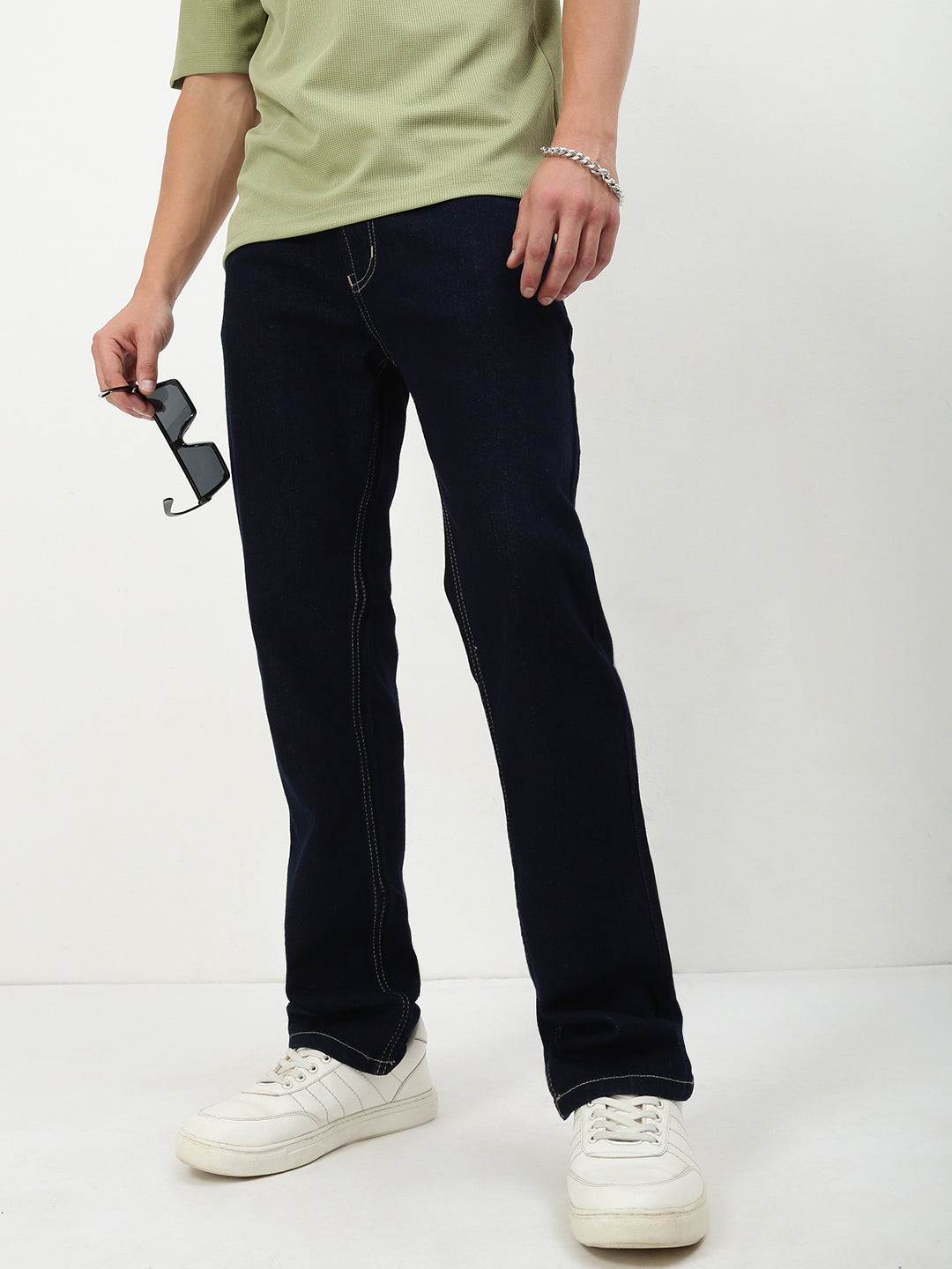 Men's Navy Blue Solid Straight Fit Casual Jeans