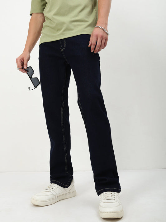 Men's Navy Blue Solid Straight Fit Casual Jeans