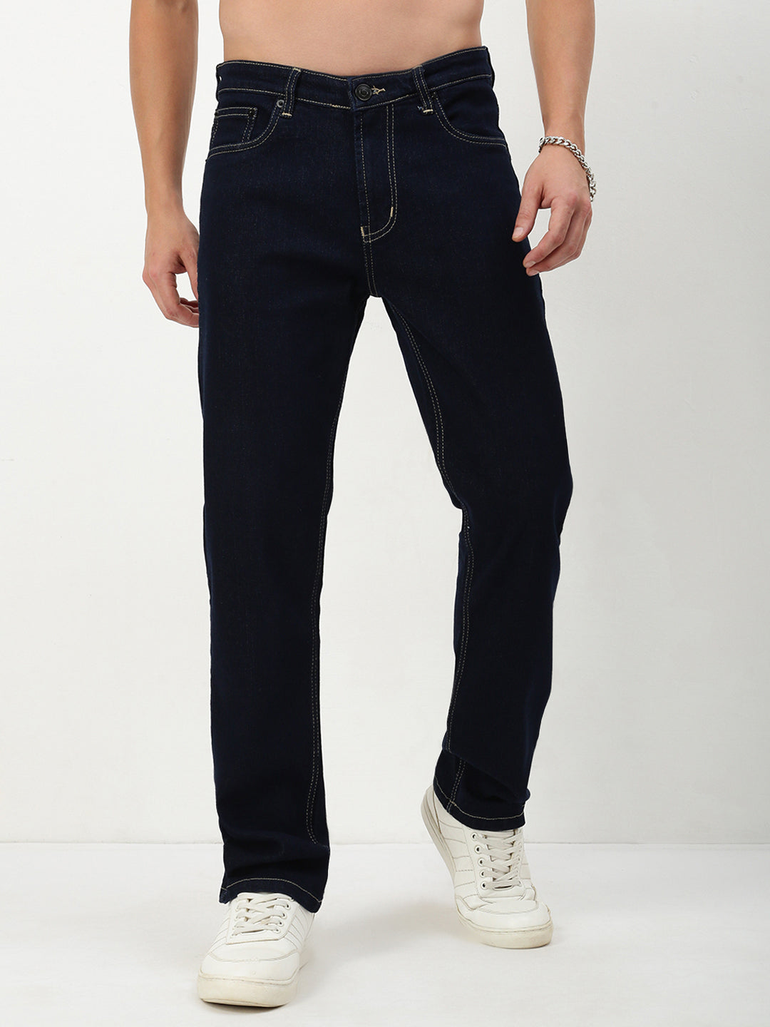Men's Navy Blue Solid Straight Fit Casual Jeans