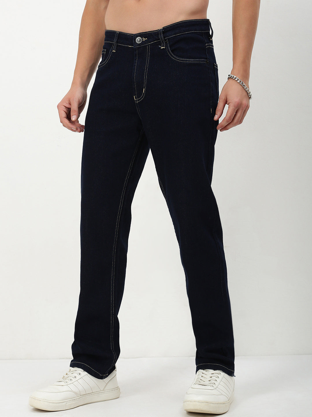 Men's Navy Blue Solid Straight Fit Casual Jeans