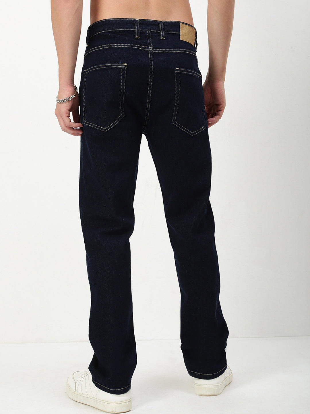 Men's Navy Blue Solid Straight Fit Casual Jeans