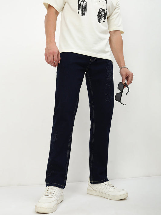 Men's Navy Blue Solid Straight Fit Jeans