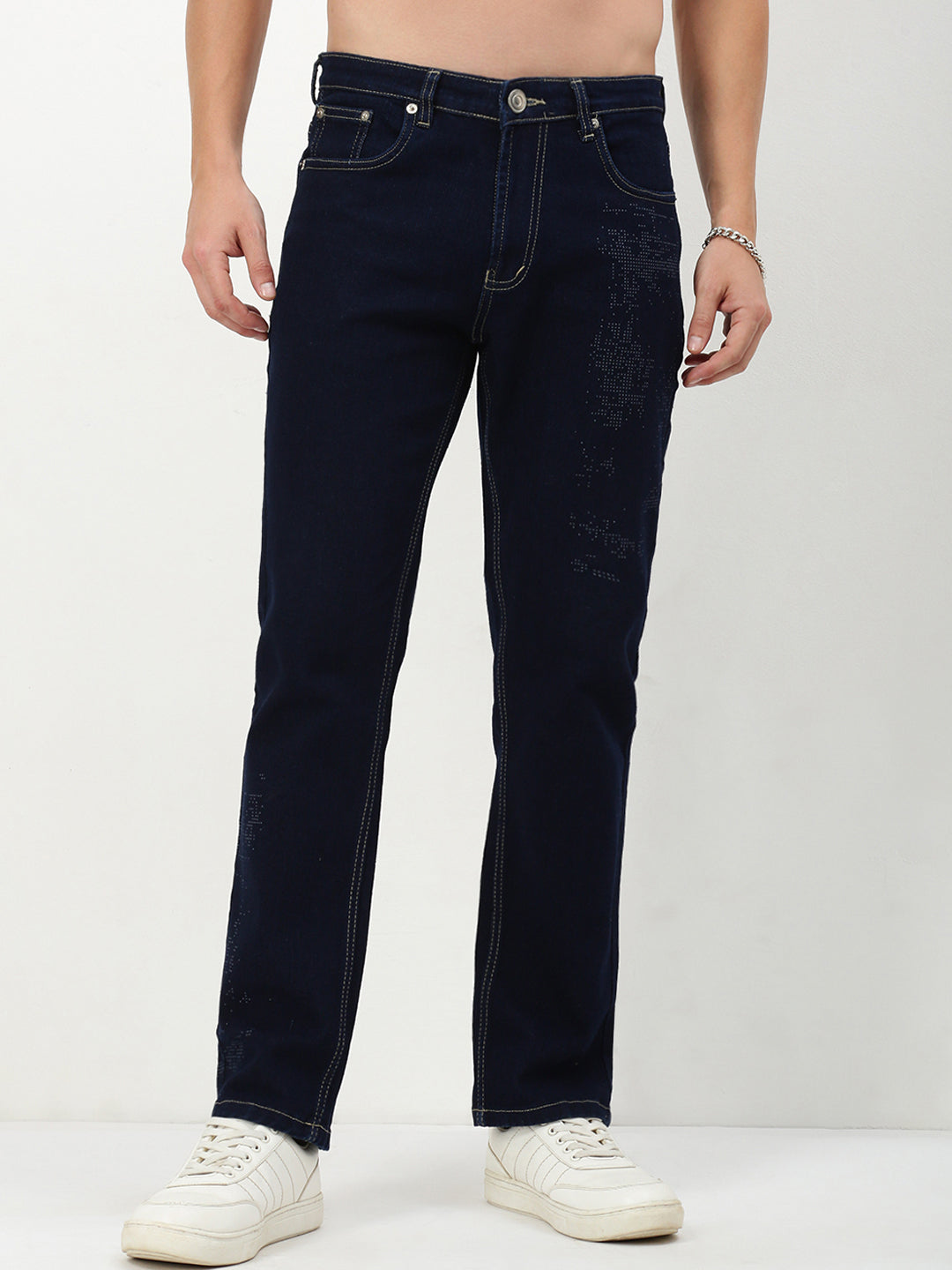 Men's Navy Blue Solid Straight Fit Jeans