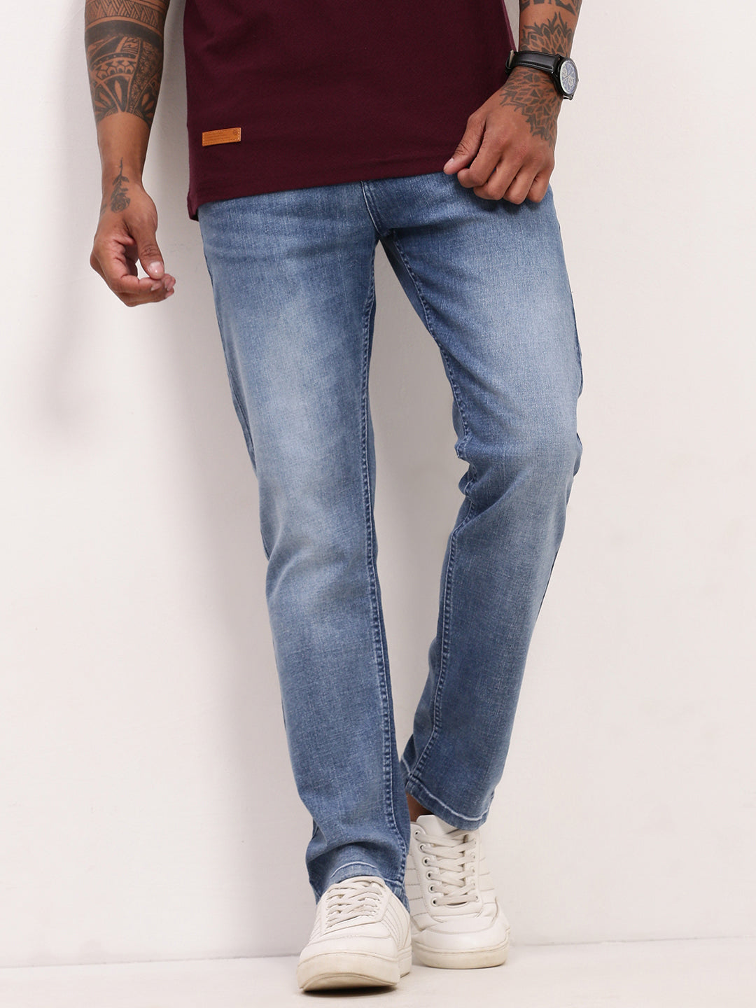 Men's Blue Solid Straight Fit Low-rise Heavy Fade Jeans