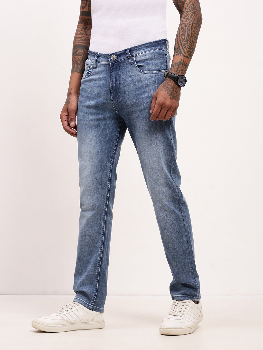 Men's Blue Solid Straight Fit Low-rise Heavy Fade Jeans