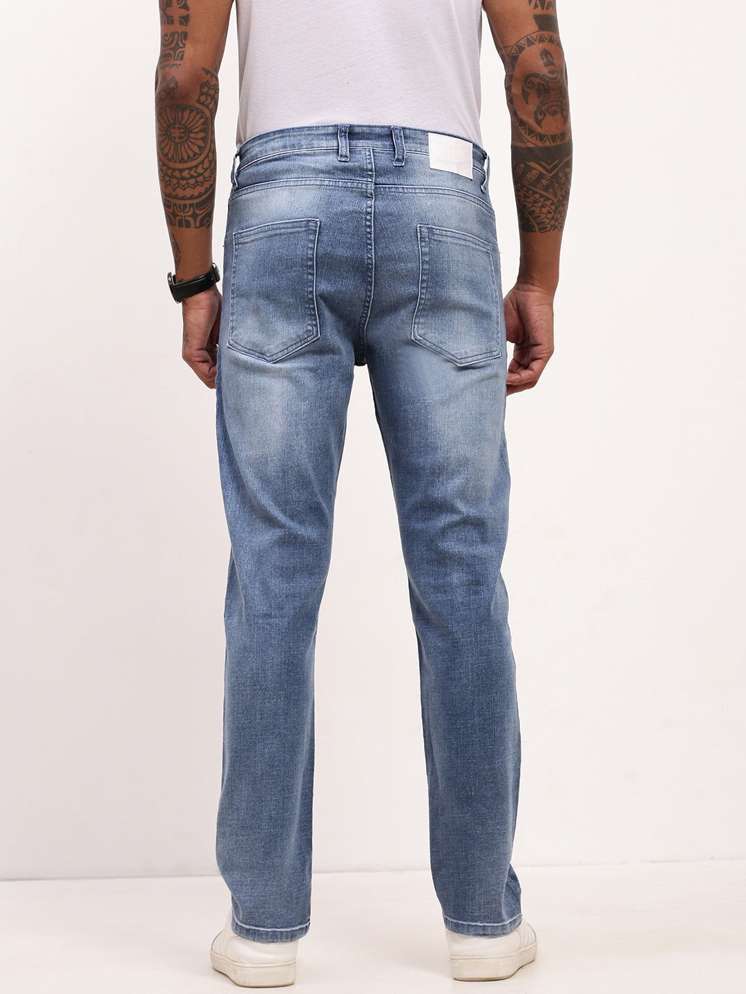 Men's Blue Solid Straight Fit Low-rise Heavy Fade Jeans