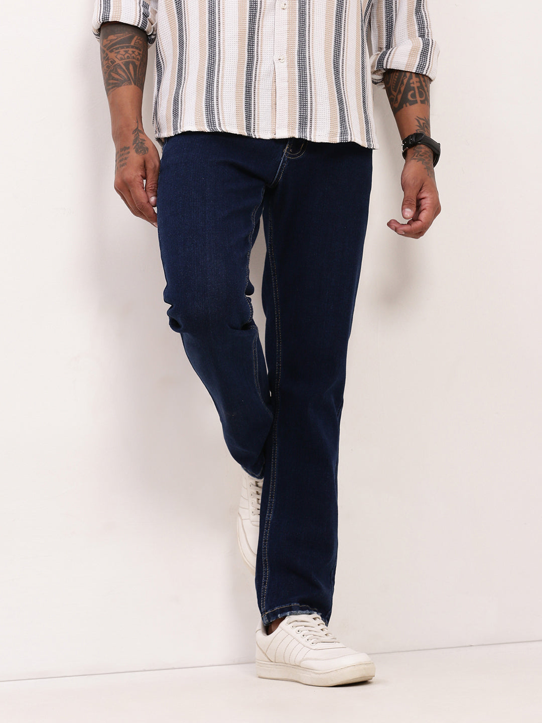 Men's Navy Blue Solid Straight Fit Jeans